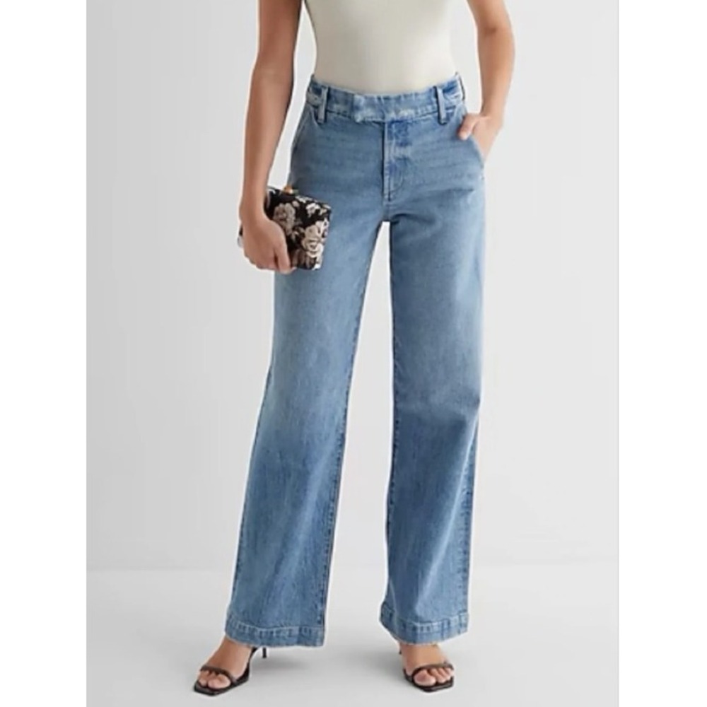 Express High Rise Wide Leg Jeans Medium Wash Conscious Edit Blue Denim 4R 0852‎